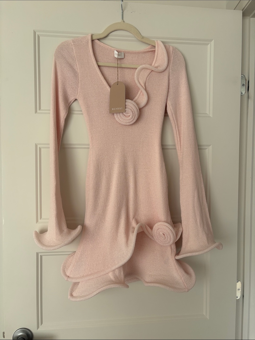 Meshki Light Pink Knit Rose-Accent Bodycon Dress - Size Small - Picture 4 of 6